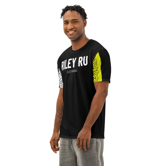 Man wearing a black t-shirt with 'Riley RU' branding on a white background