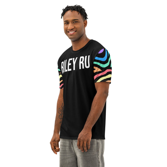 Man wearing a black t-shirt with colorful sleeves and 'RILEY RU' text on a white background