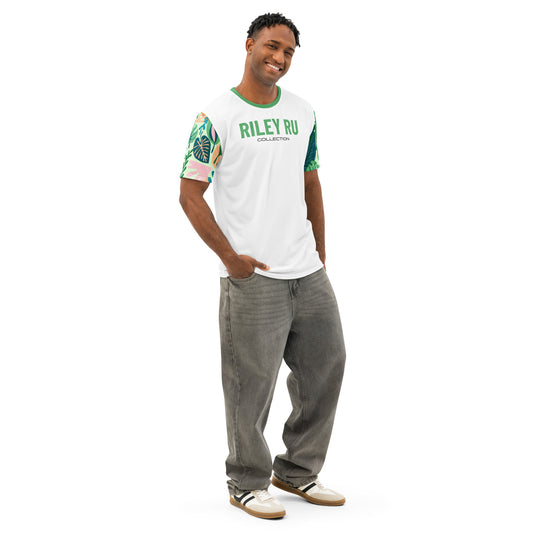 Man wearing a white t-shirt with colorful sleeves and 'Riley Ru' branding, standing against a white background.
