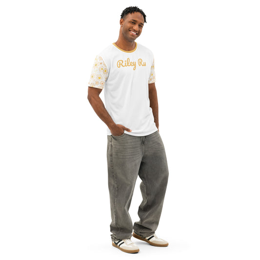 Man wearing a white t-shirt with yellow text and gray pants on a white background