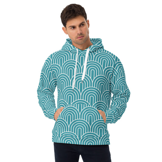 Man wearing a teal and white patterned hoodie on a white background