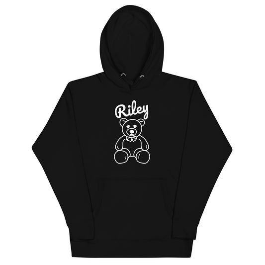 Black hoodie with a teddy bear graphic and 'Riley' text on a white background