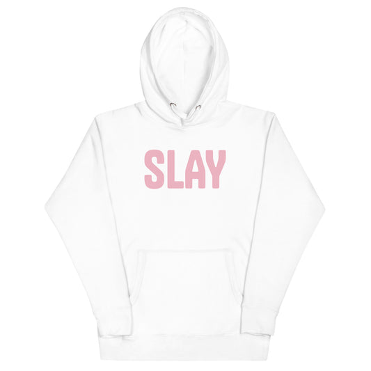 White hoodie with 'SLAY' printed in pink on a white background