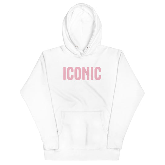 White hoodie with 'ICONIC' text in pink on a white background