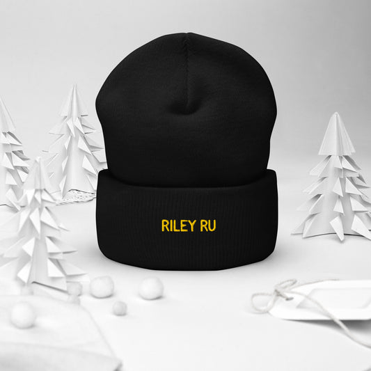 Black beanie with 'RILEY RU' embroidery on a white background