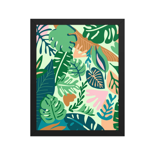 Framed artwork with colorful tropical leaf pattern on a white background