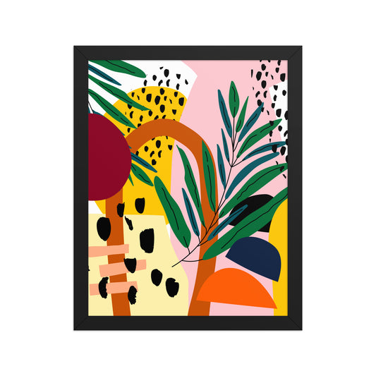 Framed abstract art print with colorful leaves and shapes on a white background