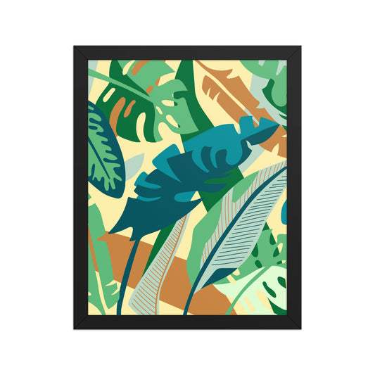 Framed artwork with colorful leaf pattern on a white background