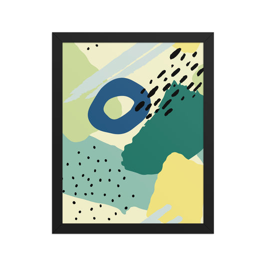 Abstract art print with geometric shapes and patterns in a black frame.