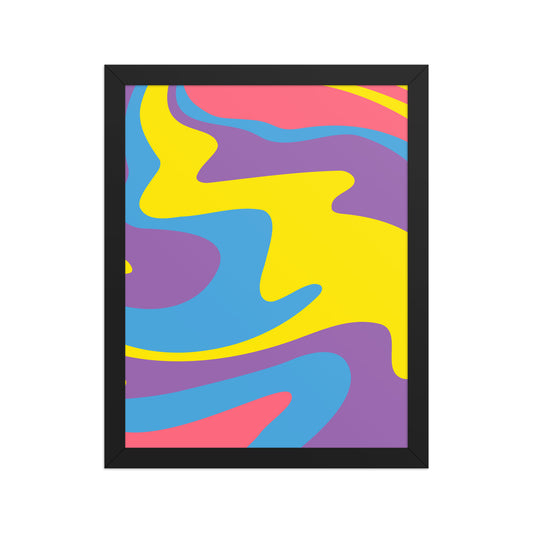Framed abstract artwork with colorful wavy patterns on a white background