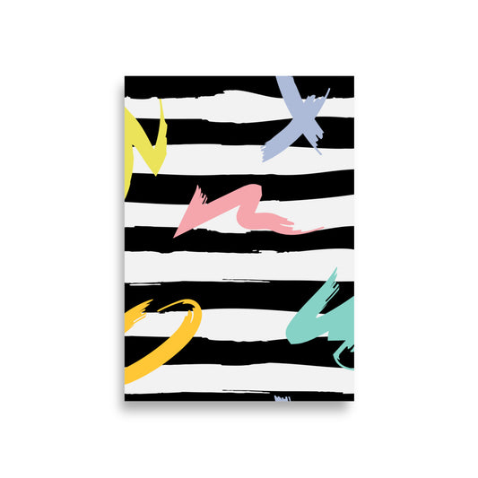Notebook with black and white striped cover and colorful abstract shapes on a white background