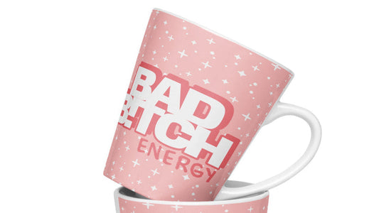 pink mugs with 'Bad Bitch Energy' text on a white background