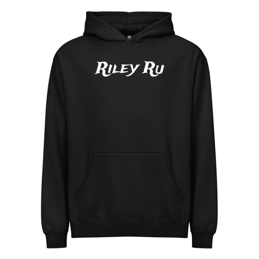 Black hoodie with 'Riley Ru' text on a white background