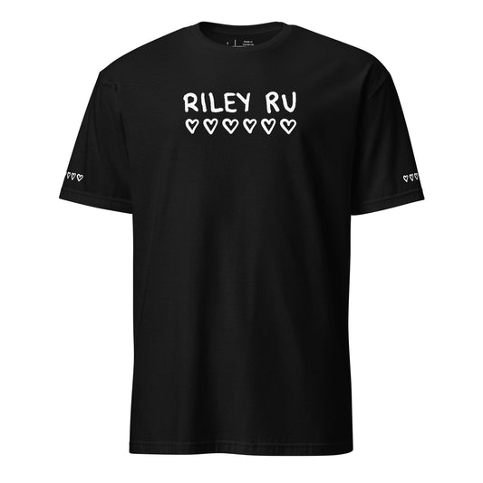 Black t-shirt with 'RILEY RV' text and heart symbols on a white background