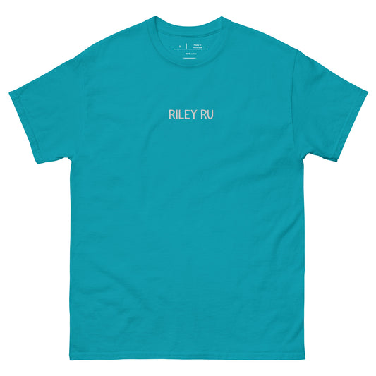 Teal t-shirt with 'RILEY RU' text on a white background