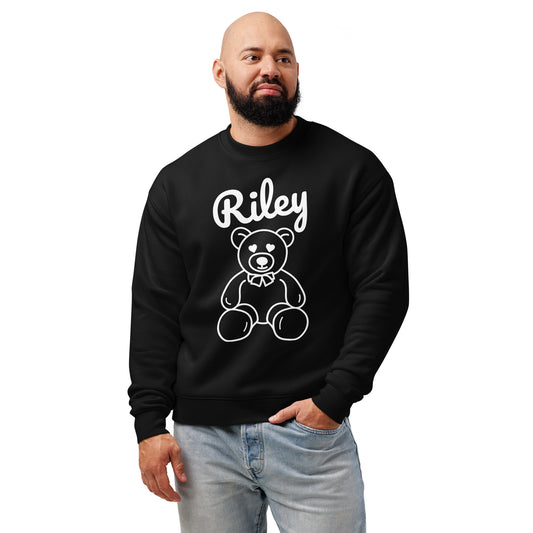 Man wearing a black sweatshirt with a teddy bear graphic and 'Riley' text on a white background