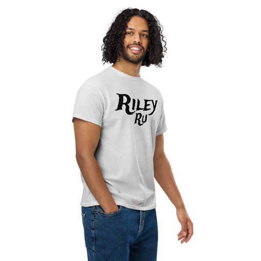 Man wearing a gray t-shirt with 'Riley Ru' text on a white background