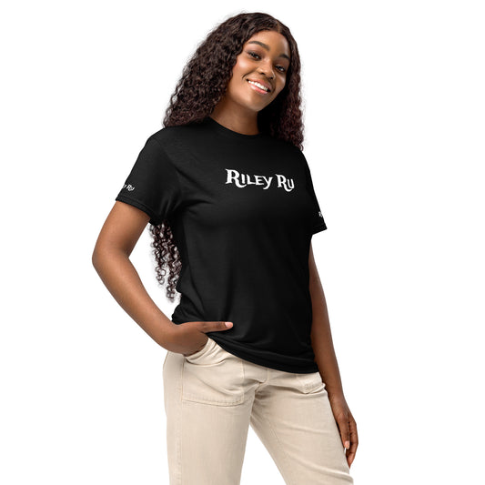 Woman wearing a black t-shirt with 'Riley Ru' logo on a white background