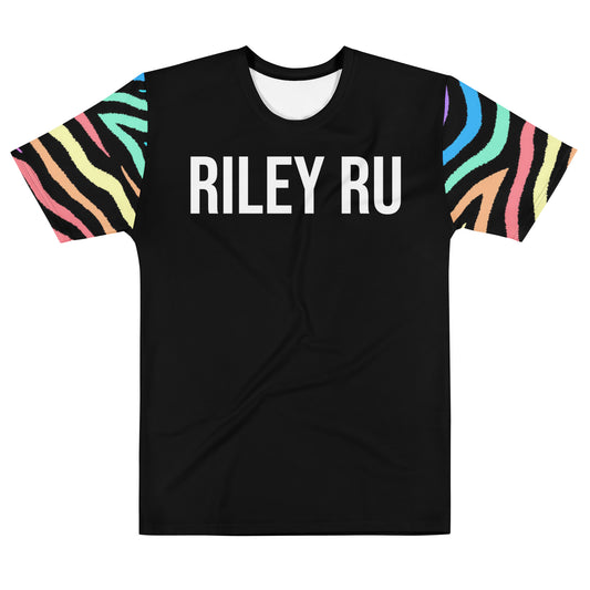 Black t-shirt with colorful sleeves and 'RILEY RU' text on a white background