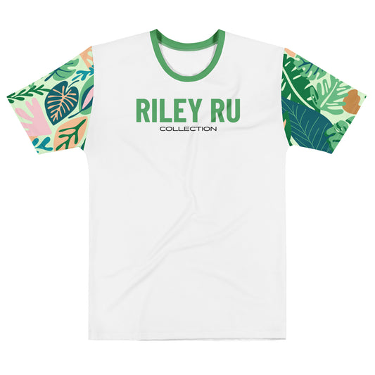 White t-shirt with green and colorful sleeves featuring 'Riley RU Collection' text.