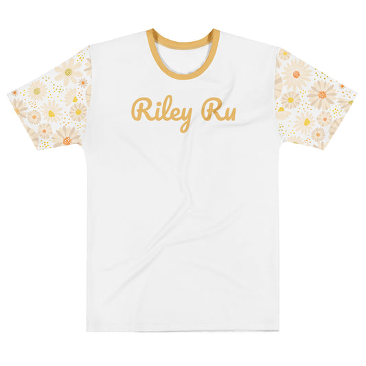 White t-shirt with floral sleeves and 'Riley Ru' text on a white background