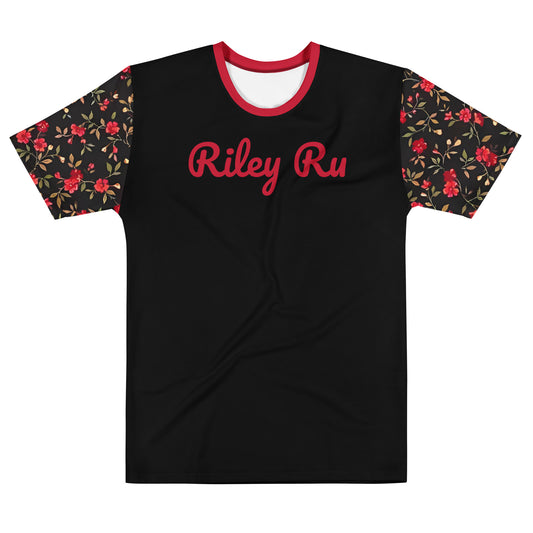 Black t-shirt with floral sleeves and 'Riley Ru' text on a white background