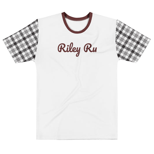White t-shirt with plaid sleeves and 'Riley Ru' text on a white background