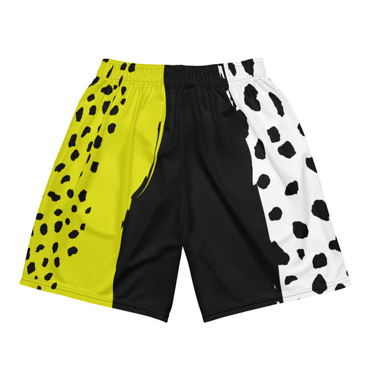 Multicolored shorts with yellow, black, and white patterns on a white background