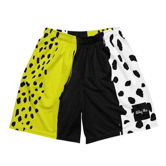 Multicolored shorts with yellow, black, and white patterns on a white background