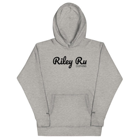 Gray hoodie with 'Riley Ru Clothing' text on a white background