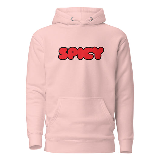 Pink hoodie with 'SPICY' text in red on a white background