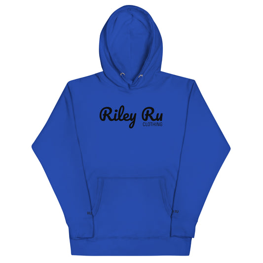 Blue hoodie with 'Riley Ru Clothing' text on a white background
