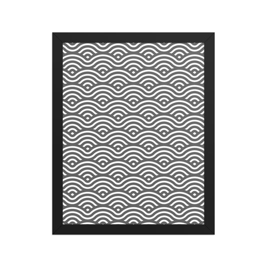 Framed artwork with a black and white wavy pattern on a white background