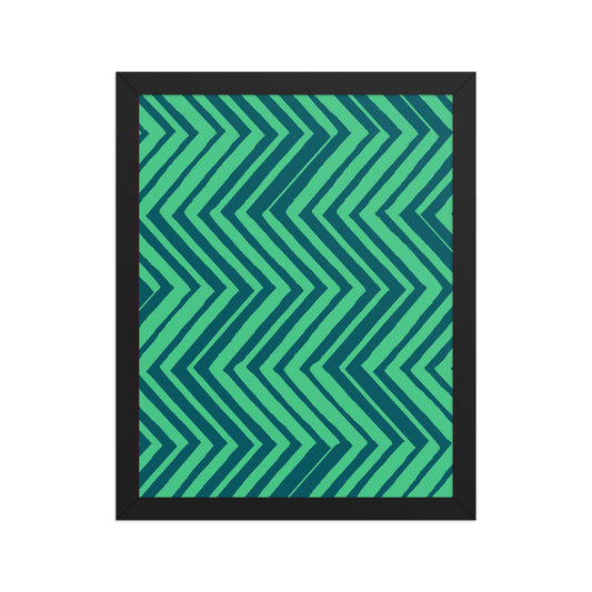 Framed artwork with green and blue chevron pattern on a white background