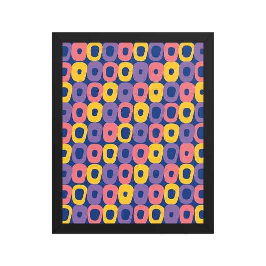 Framed artwork with a colorful geometric pattern on a white background