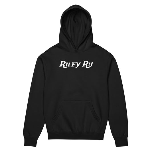 Black hoodie with 'Riley Ru' text on a white background