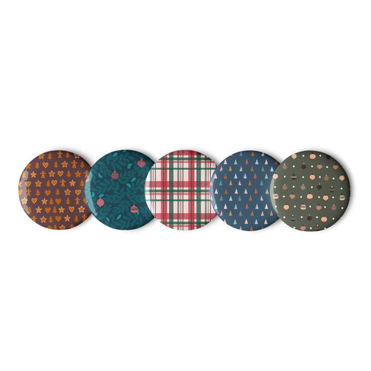 Five circular coasters with different patterns on a white background