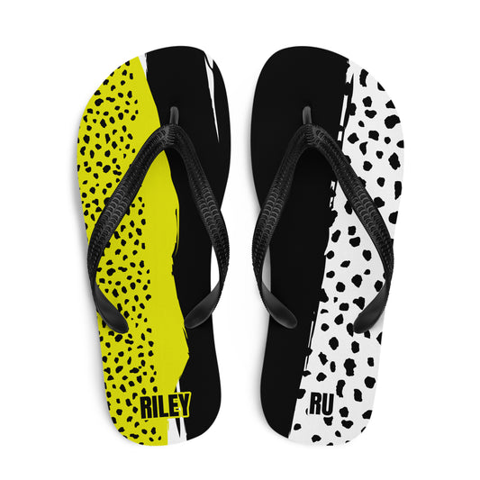 Two pairs of flip-flops with black straps on a white background