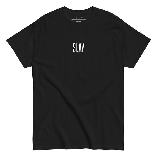 Black t-shirt with 'SLAY' text on a white background