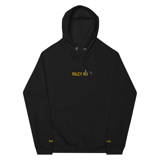 Black hoodie with 'RILEY RU' logo on a white background