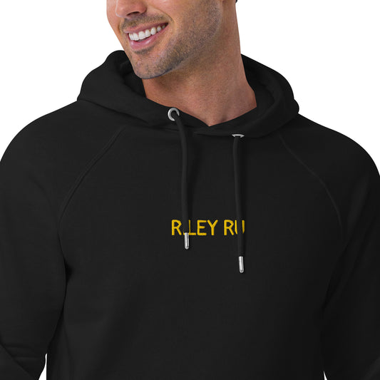 Black hoodie with yellow text on a white background