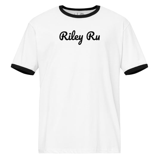 White t-shirt with black ringer sleeves and 'Riley Ru' text on a white background