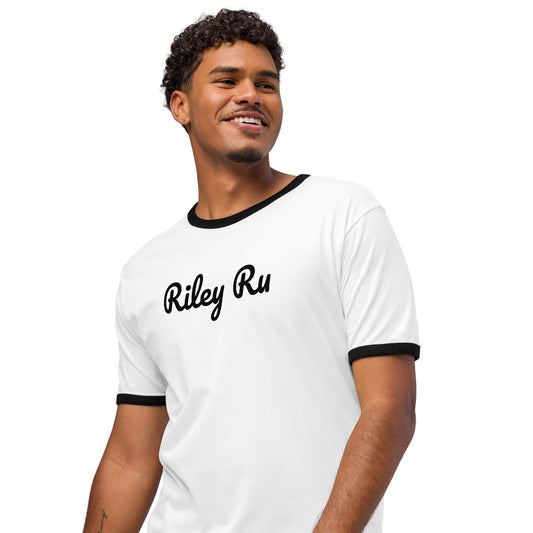 Man wearing a white t-shirt with 'Riley Ru' text on a white background