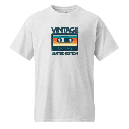 White t-shirt with a retro cassette tape design and 'Vintage Limited Edition' text on a white background