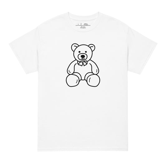White t-shirt with a black outline of a teddy bear on a white background