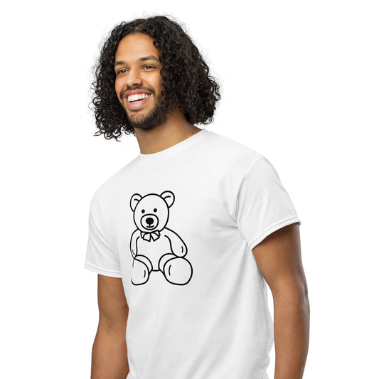 Man wearing a white t-shirt with a bear graphic on a white background