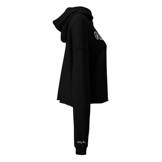 Black hoodie with branding on a white background